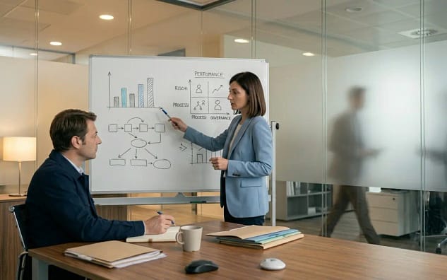 Rischio insolvenza clienti 2026 — analisi del portafoglio crediti in una sala riunioni aziendale