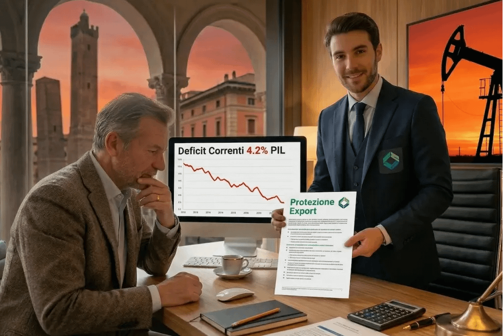 CFO analizza deficit partite correnti economie importatrici carburante con broker che propone assicurazione credito export sullo sfondo di impianto petrolifero