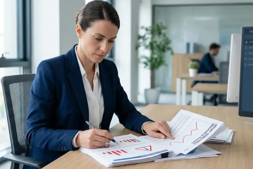 Assicurazione Credito - Primo piano di una professionista seduta a una scrivania moderna che analizza documenti finanziari