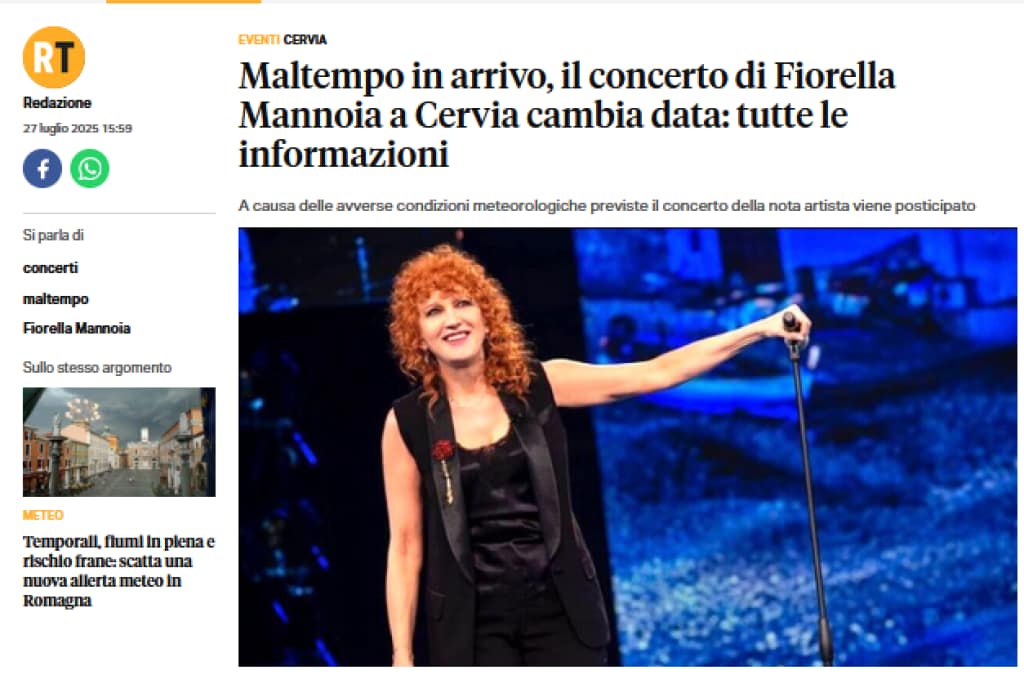 Assicurazione cancellazione eventi: screenshot allerta meteo concerto annullato per maltempo