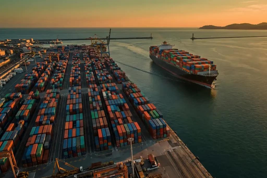 Assicurazione Credito - Porto commerciale italiano al tramonto con nave portacontainer — rischio credito PMI 2025