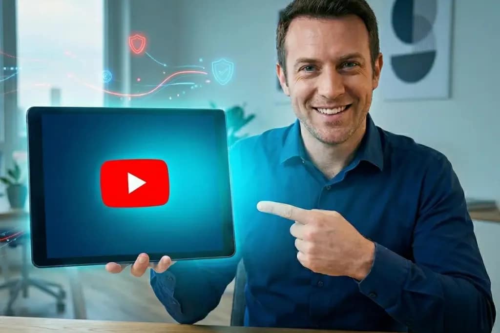 Broker assicurativo sorridente in ufficio che indica un tablet con il pulsante play di YouTube, simboleggiando video approfondimenti sulla protezione del credito.