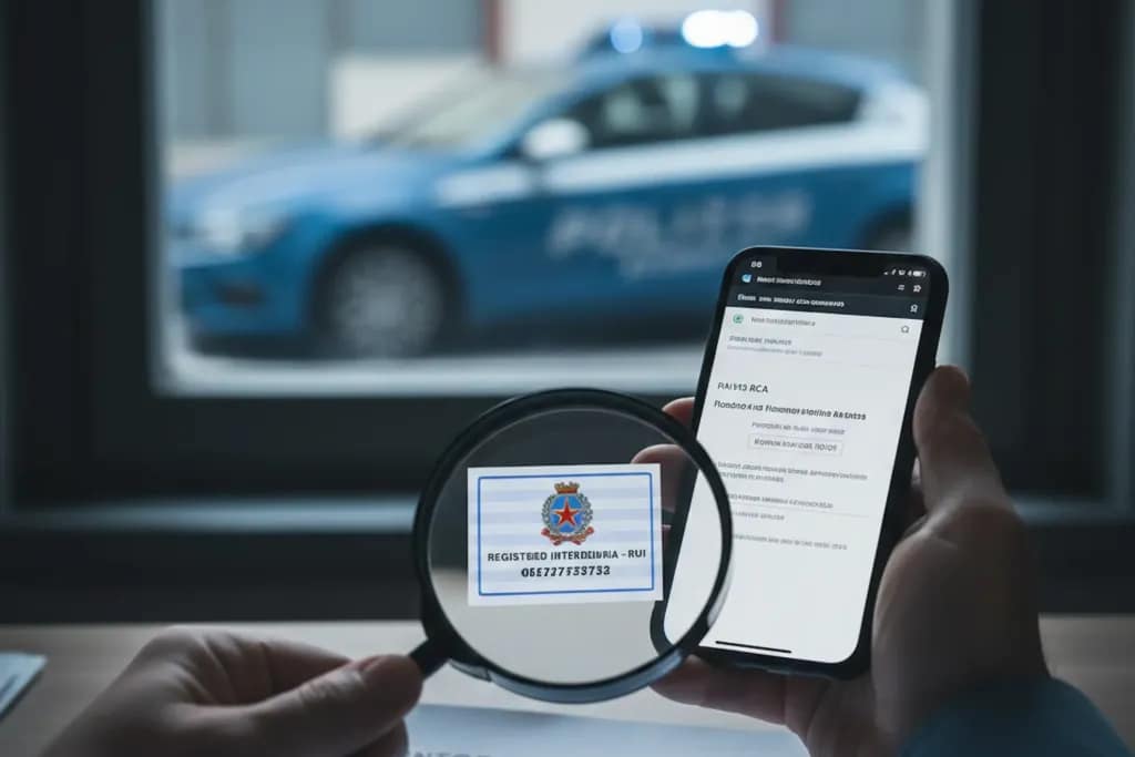 Truffe assicurative online: persona verifica polizza falsa con auto della polizia sullo sfondo