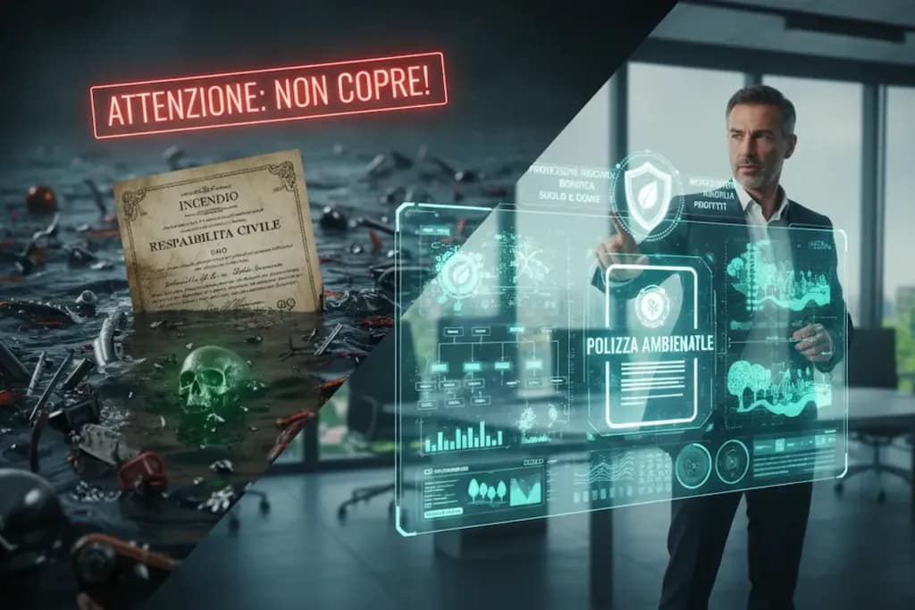 Broker professionista mostra la differenza tra polizze tradizionali e copertura ambientale specifica