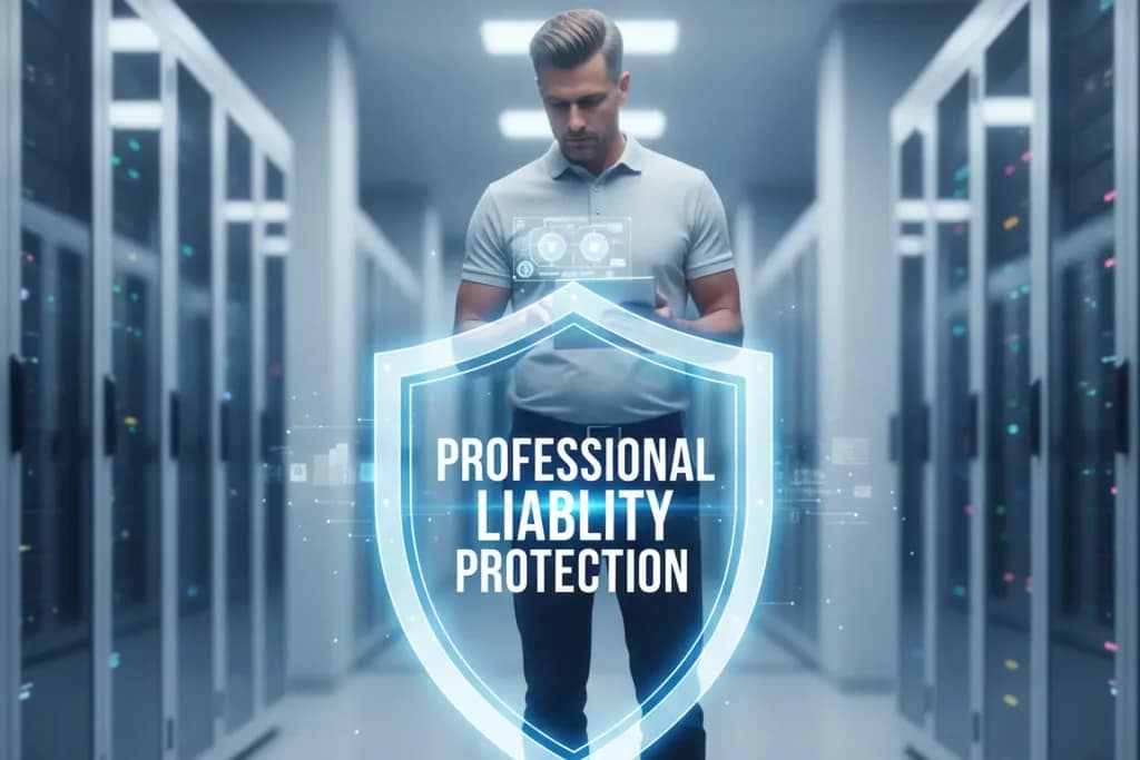 Assicurazione Cyber - Consulente IT in data center con scudo digitale di protezione responsabilità civile professionale