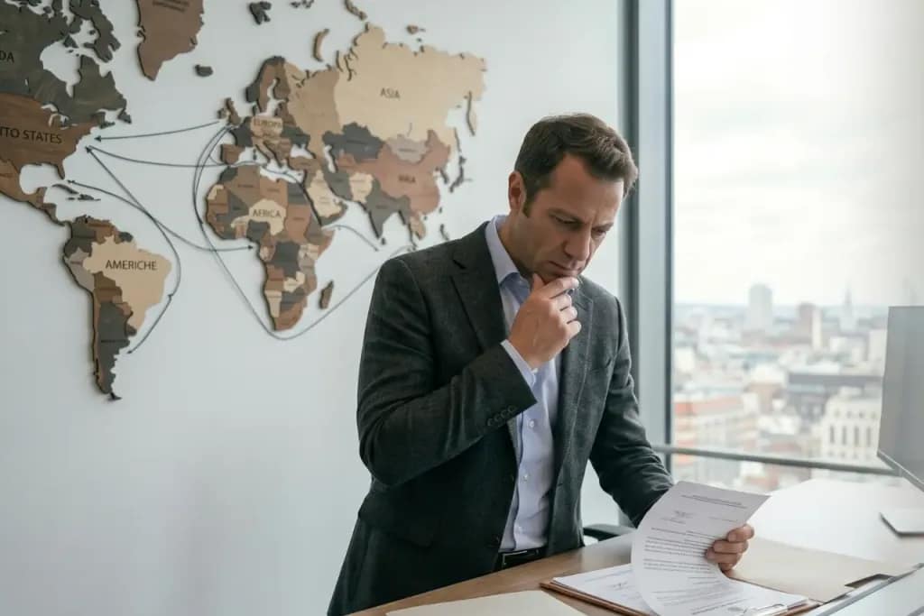 Protezione credito commercio internazionale - manager esamina contratti di vendita estera per tutelarsi dal fallimento del compratore