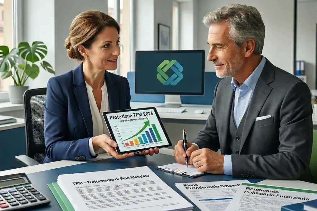 Manager HR mostra a un dirigente un grafico sulla Protezione TFM 2026 e documenti sul Trattamento di Fine Mandato in un ufficio moderno.