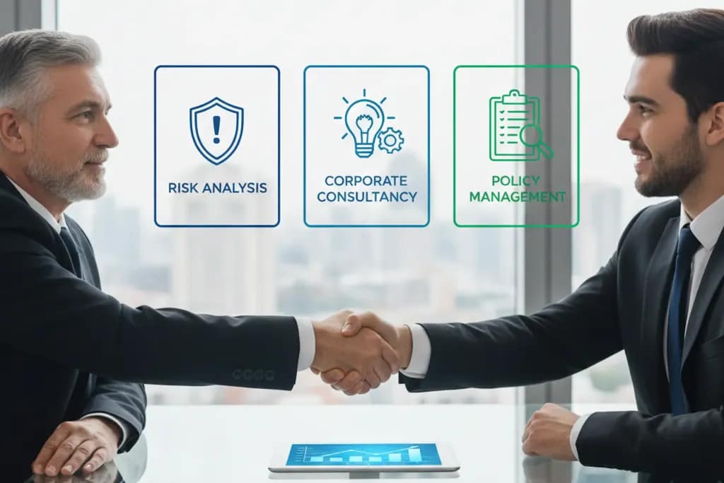 Stretta di mano professionale tra un broker assicurativo e un imprenditore in un ufficio moderno, con icone grafiche su analisi dei rischi e consulenza aziendale.