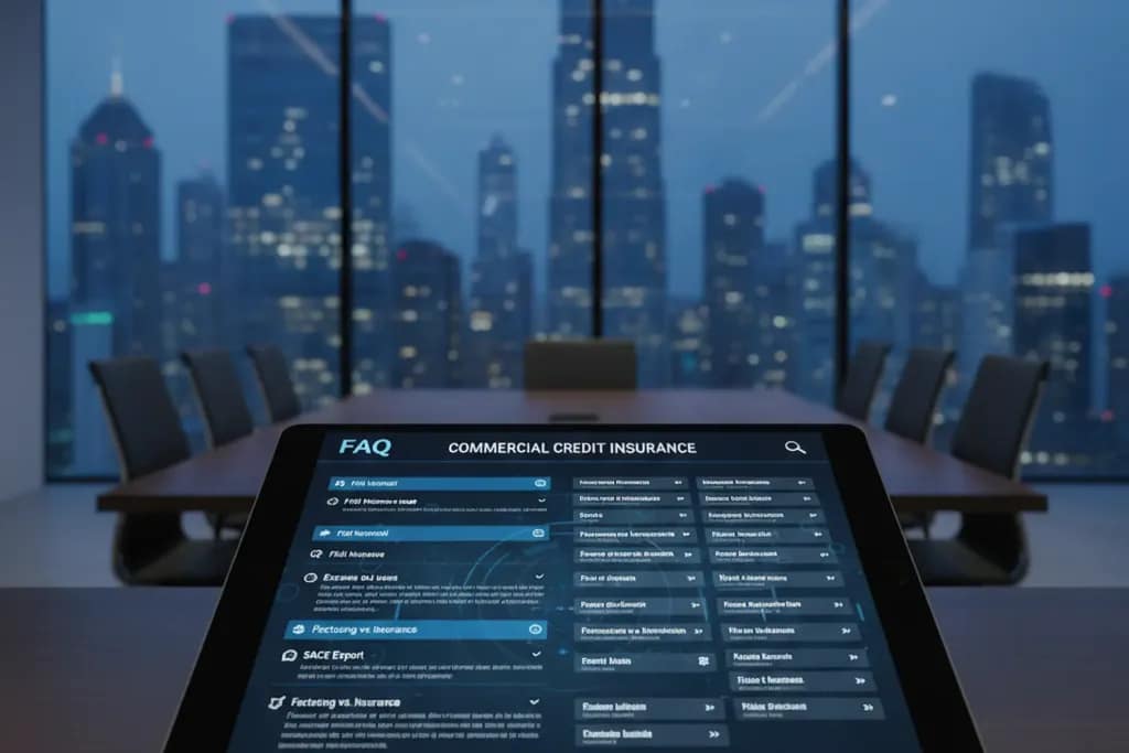 Guida FAQ completa sulla polizza credito commerciale su tablet in ufficio moderno.