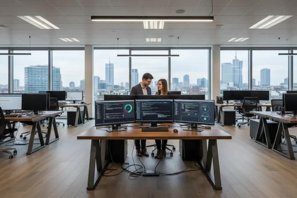 Assicurazione Cyber - ufficio con grandi monitor e persone su skyline Milano