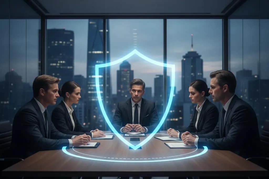 Consiglio di Amministrazione protetto da uno scudo digitale, simbolo della polizza RC Amministratori D&O.