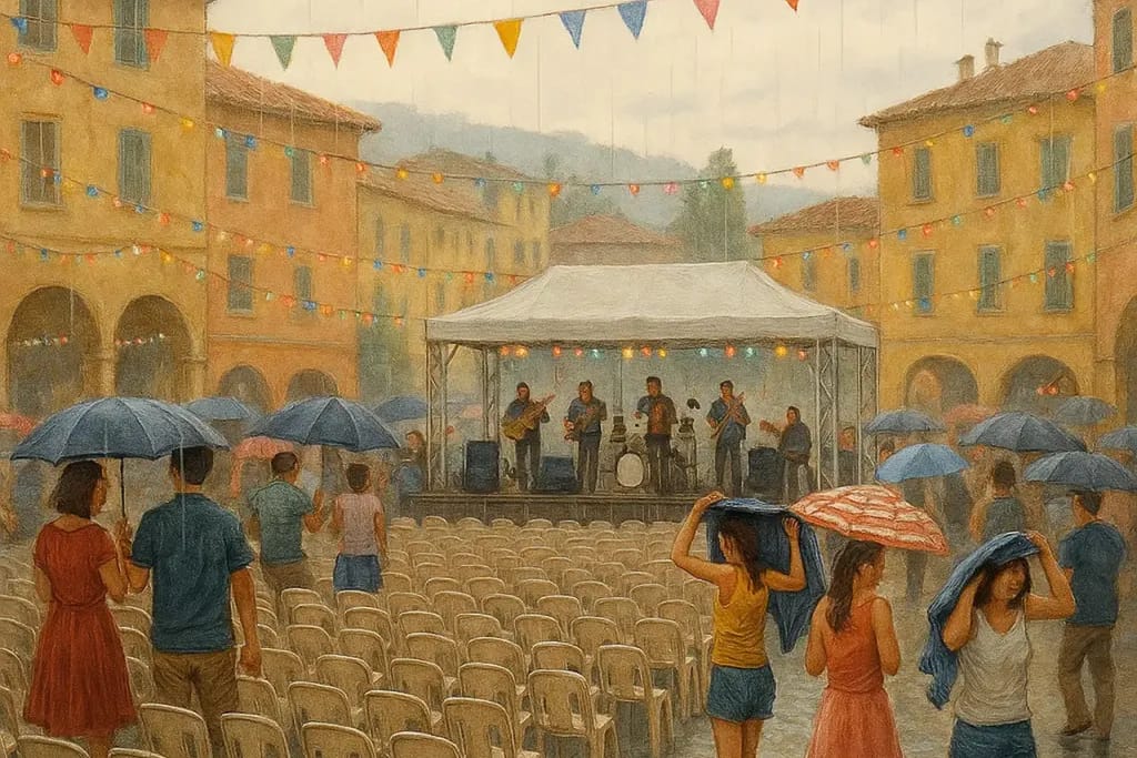 Polizza annullamento eventi: festa estiva italiana sotto la pioggia con rischio meteo per organizzatori