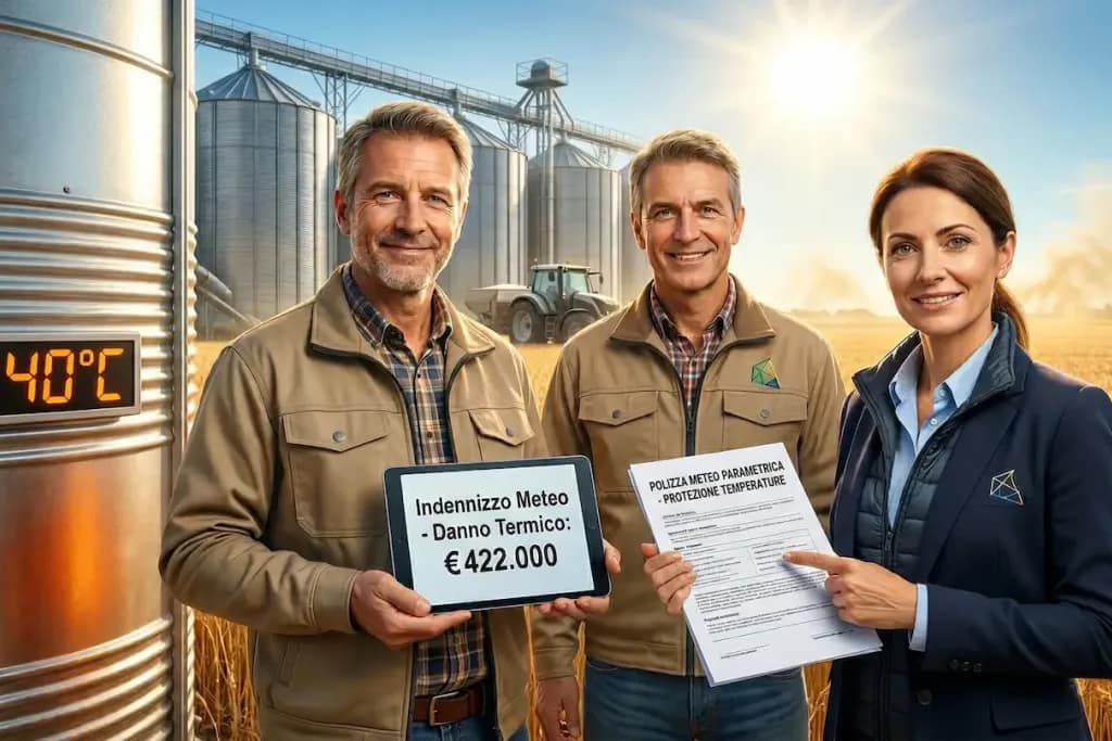 Assicurazione meteo sinistro 422000 euro caldo estremo - Polizza parametrica danno termico cereali silos agricoltura