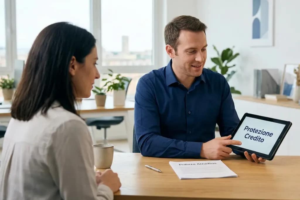 Assicurazione Credito - Broker assicurativo mostra polizza Atradius per la gestione ritardi pagamento a un cliente in ufficio.