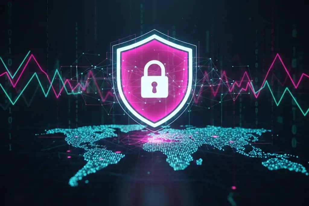 Scudo digitale rosa con lucchetto sopra una mappa del mondo olografica, rappresentazione del Chubb Cyber Threat Report 2025.