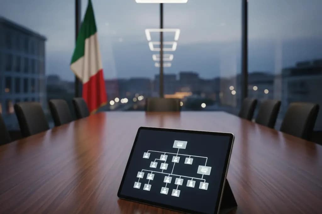 Boardroom istituzionale con tablet su scrivania e bandiera italiana Enti Pubblici