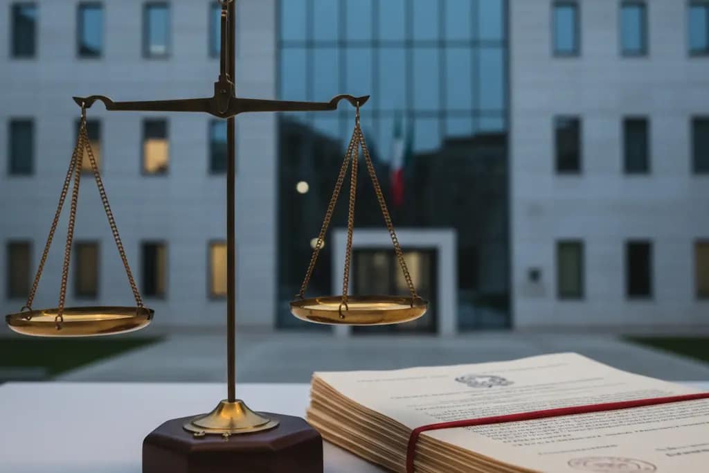bilancia giustizia su documenti amministrativi davanti a un edificio pubblico, simbolo di tutela legale enti pubblici.