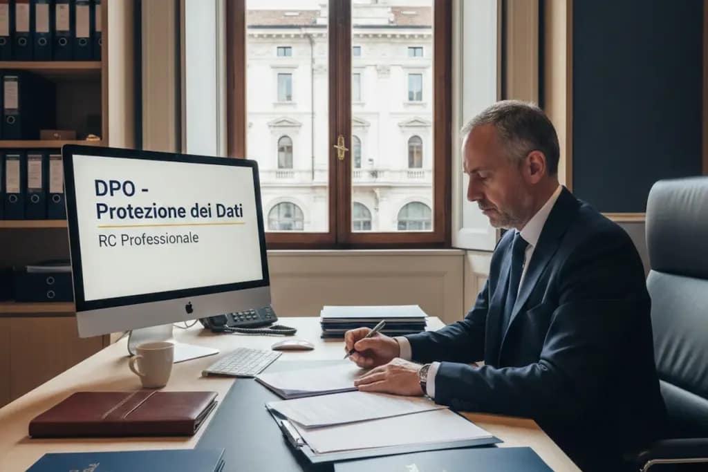 DPO che esamina coperture assicurative RC Professionale e Tutela Legale per protezione dati GDPR