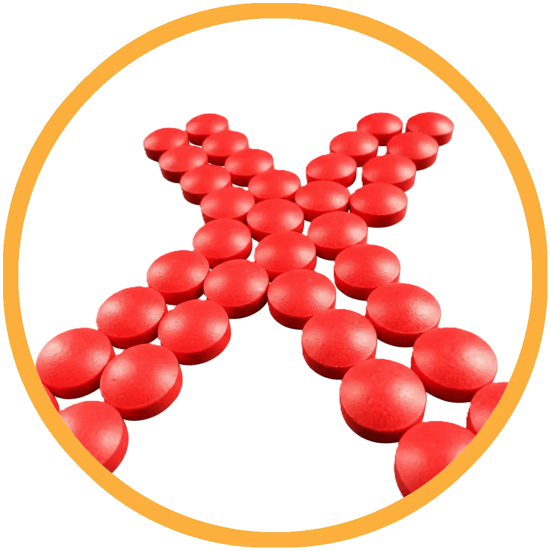 lettera X formata da doppia fila di pillole rosse