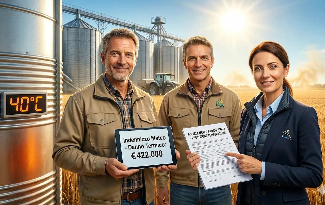Assicurazione meteo sinistro 422000 euro caldo estremo - Polizza parametrica danno termico cereali silos agricoltura