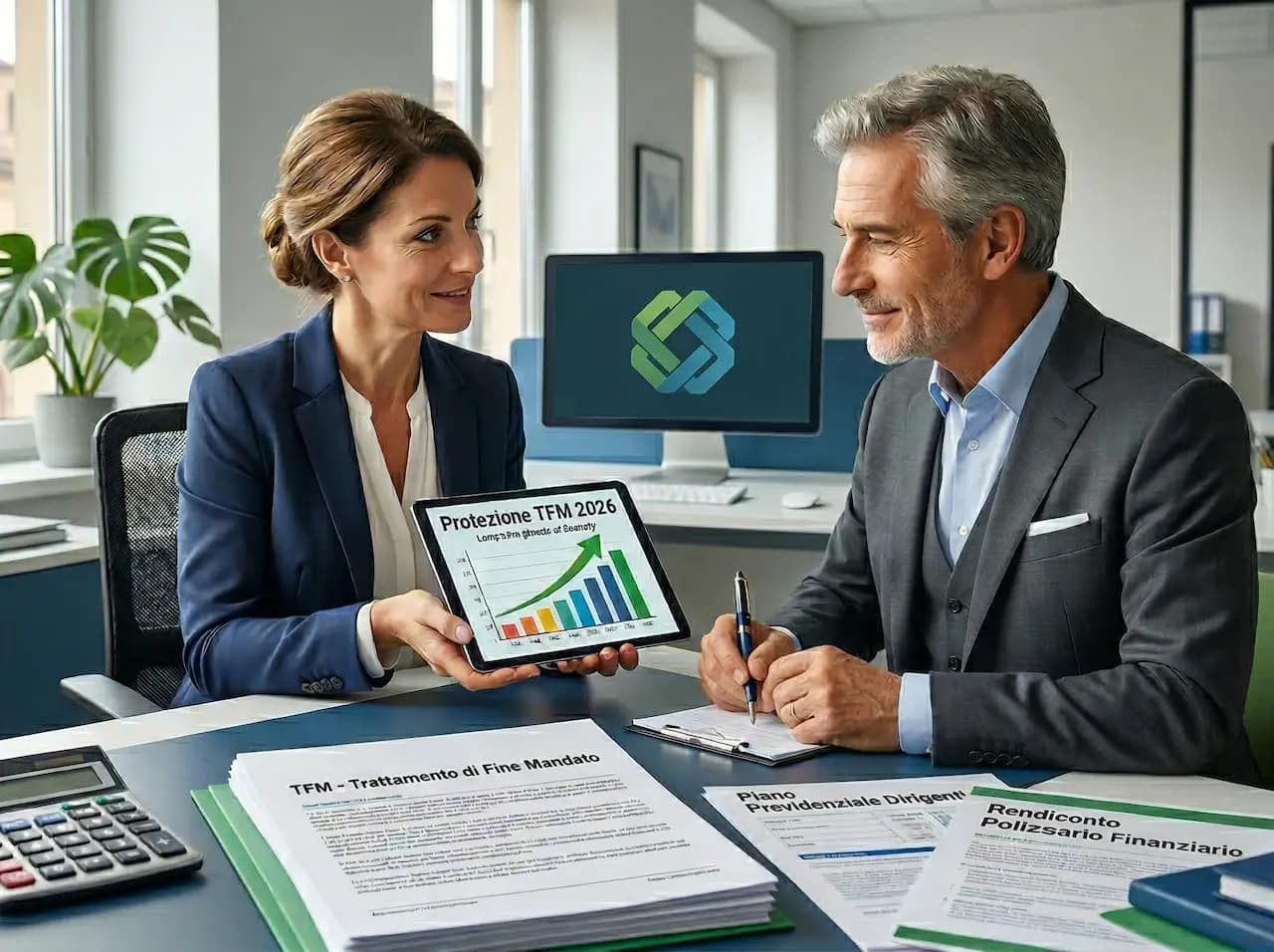 Manager HR mostra a un dirigente un grafico sulla Protezione TFM 2026 e documenti sul Trattamento di Fine Mandato in un ufficio moderno.