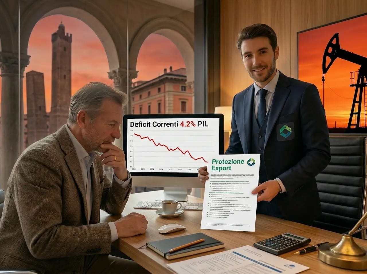 CFO analizza deficit partite correnti economie importatrici carburante con broker che propone assicurazione credito export sullo sfondo di impianto petrolifero