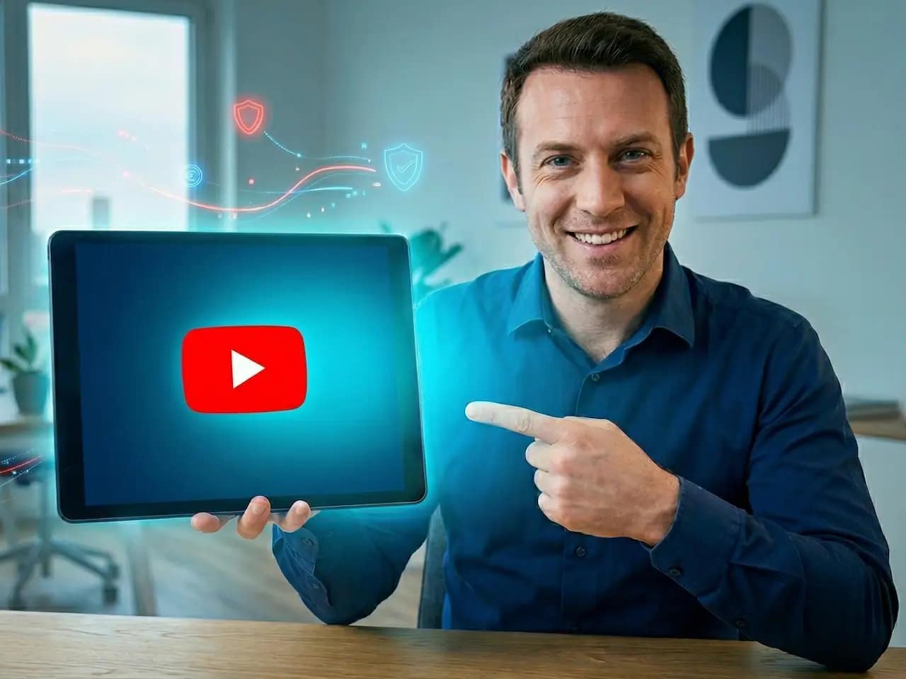 Broker assicurativo sorridente in ufficio che indica un tablet con il pulsante play di YouTube, simboleggiando video approfondimenti sulla protezione del credito.