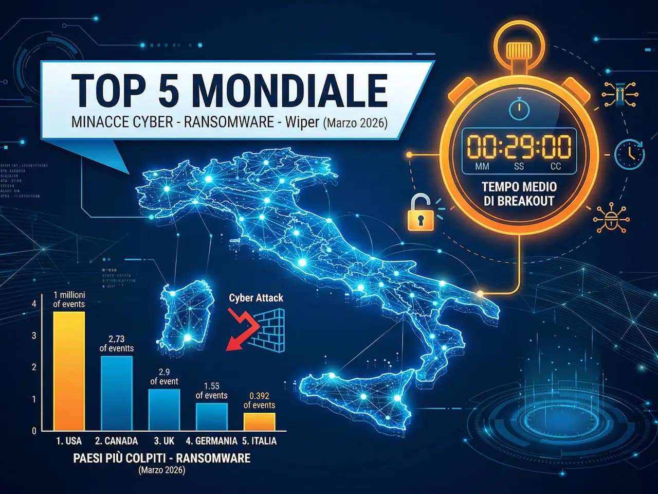Infografica Cyber Threat 2026 Italia - Breakout Time 29 minuti