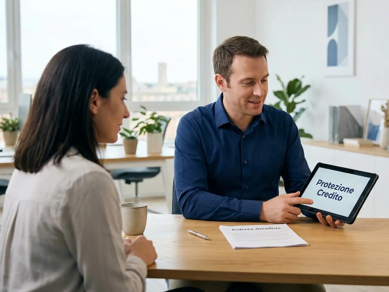 Broker assicurativo mostra polizza Atradius per la gestione ritardi pagamento a un cliente in ufficio.