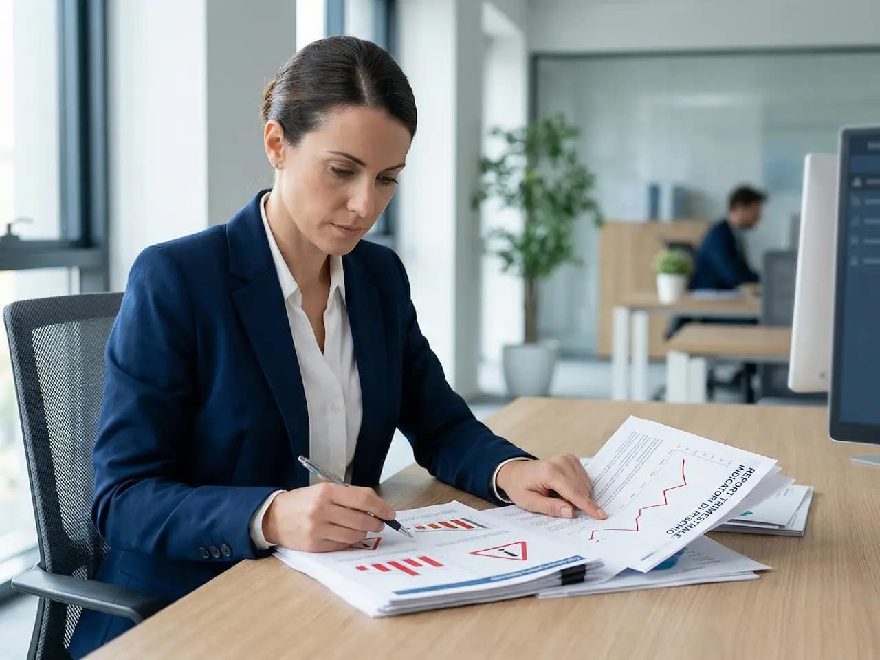 Primo piano di una professionista seduta a una scrivania moderna che analizza documenti finanziari