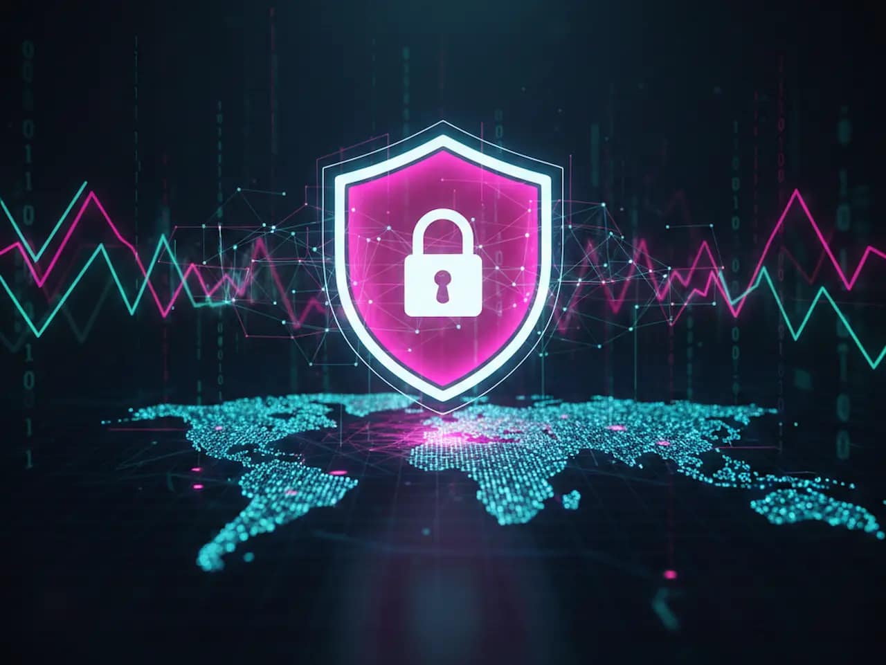 Scudo digitale rosa con lucchetto sopra una mappa del mondo olografica, rappresentazione del Chubb Cyber Threat Report 2025.