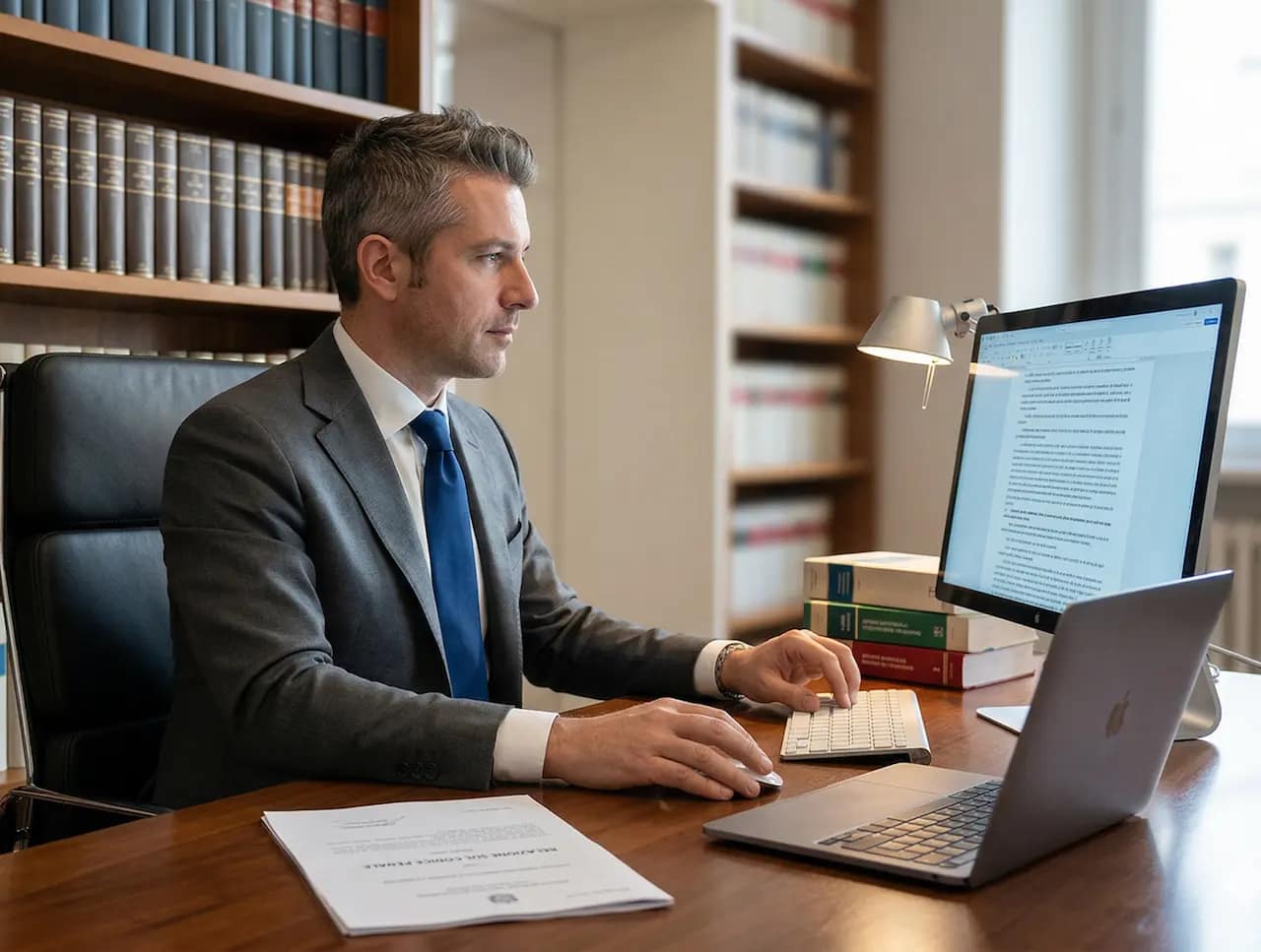 Avvocato italiano in studio legale che analizza documenti processuali su schermo mentre verifica fonti giurisprudenziali