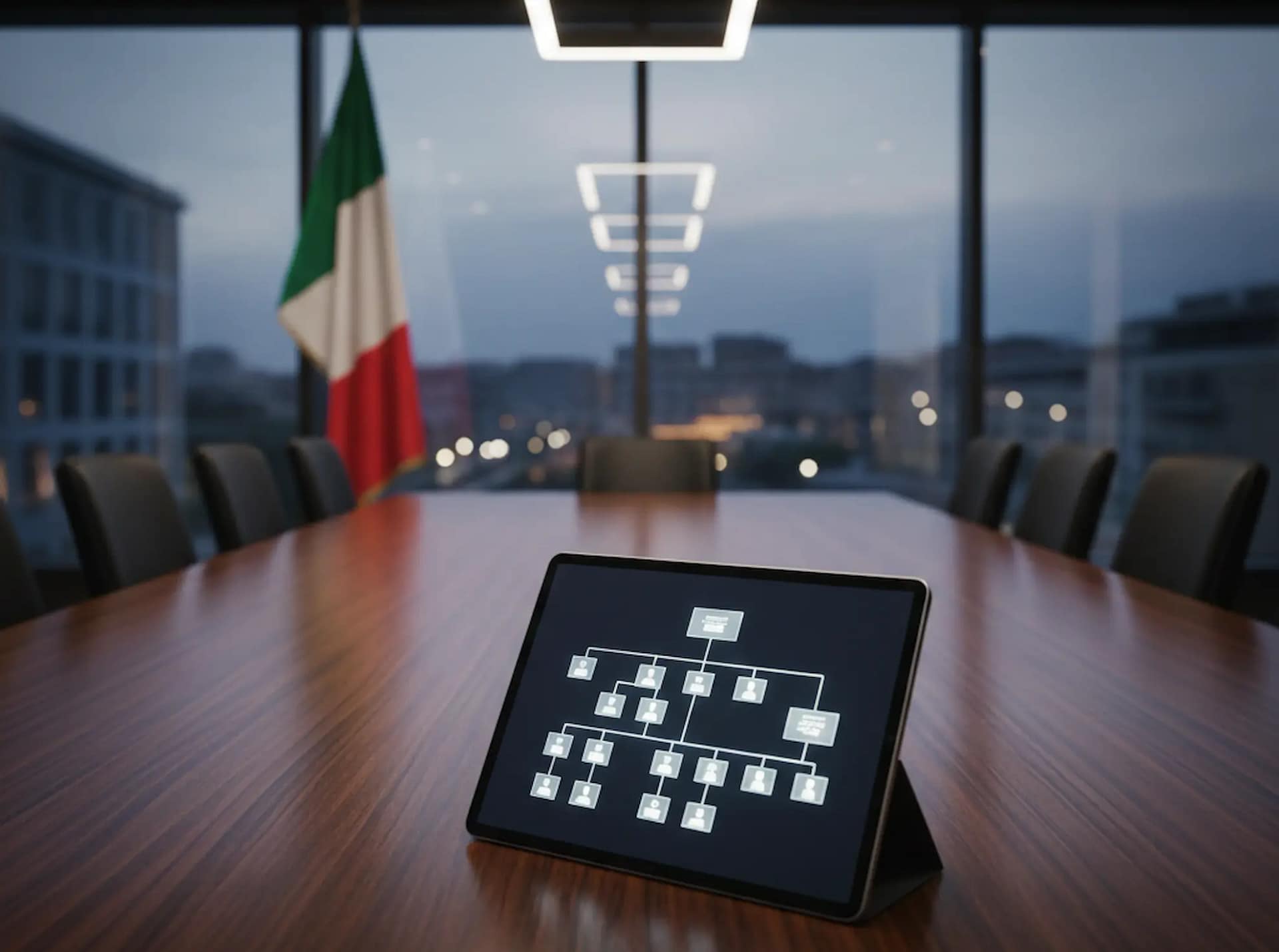Boardroom istituzionale con tablet su scrivania e bandiera italiana Enti Pubblici