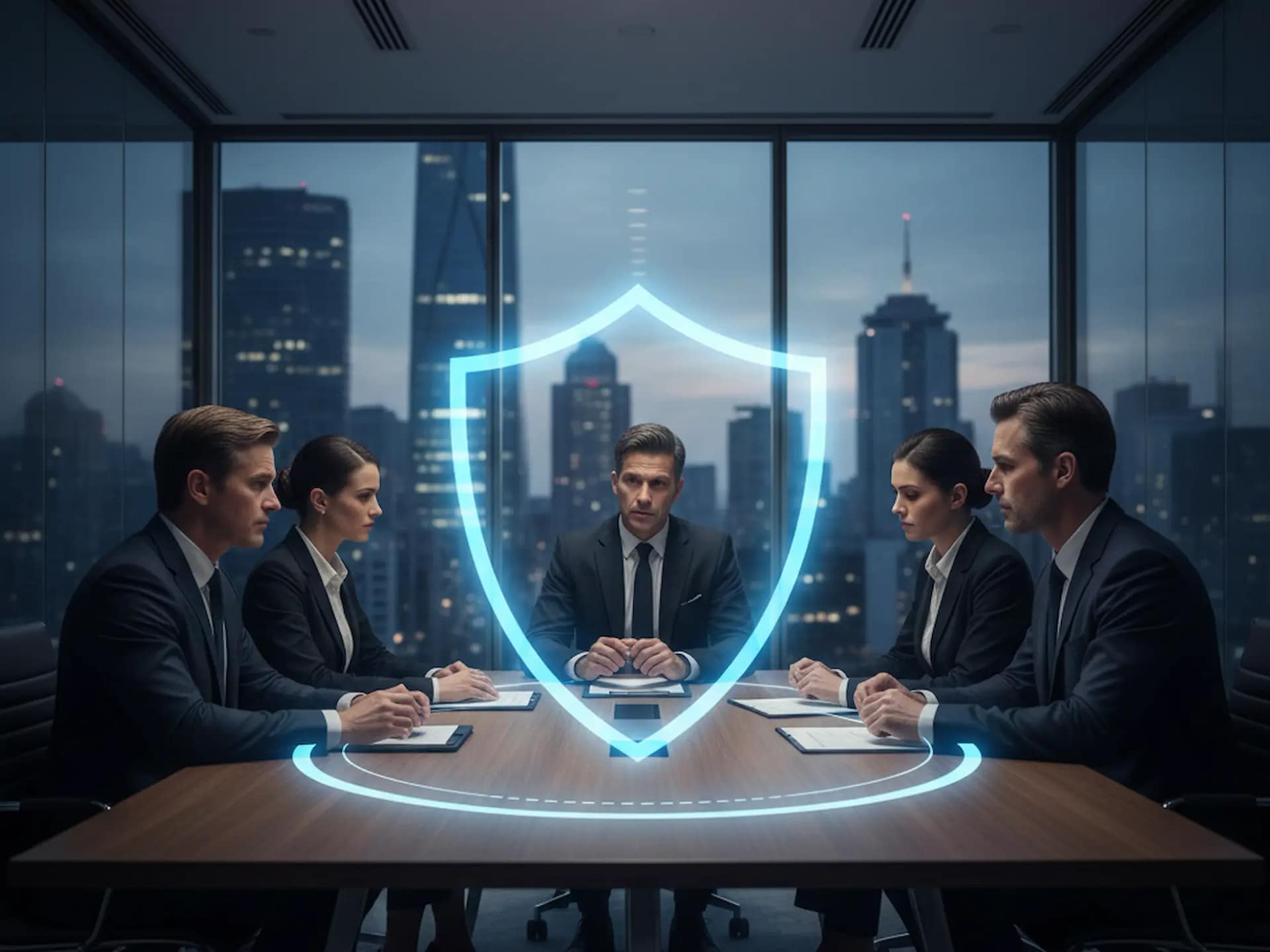 Consiglio di Amministrazione protetto da uno scudo digitale, simbolo della polizza RC Amministratori D&O.