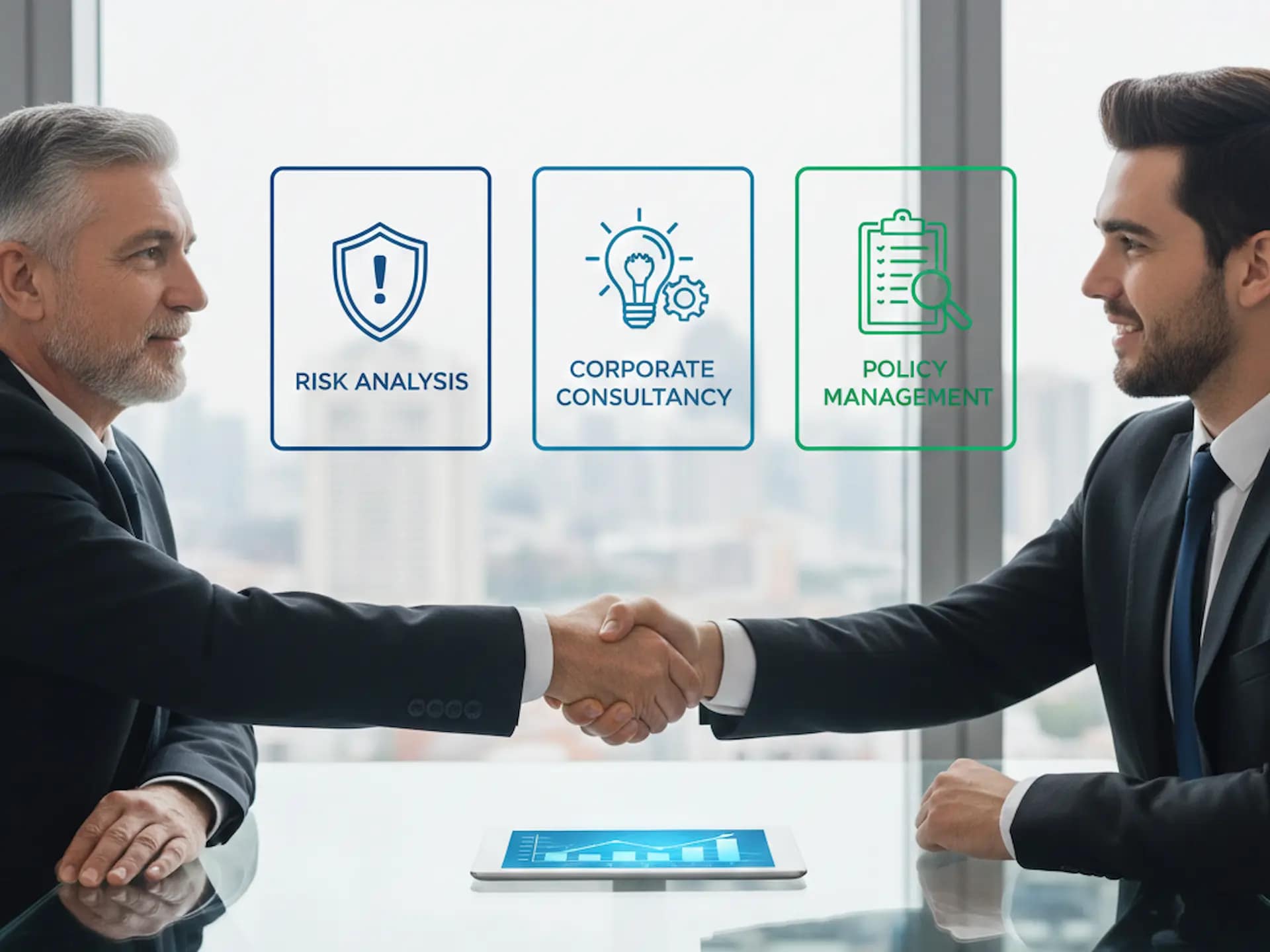 Stretta di mano professionale tra un broker assicurativo e un imprenditore in un ufficio moderno, con icone grafiche su analisi dei rischi e consulenza aziendale.
