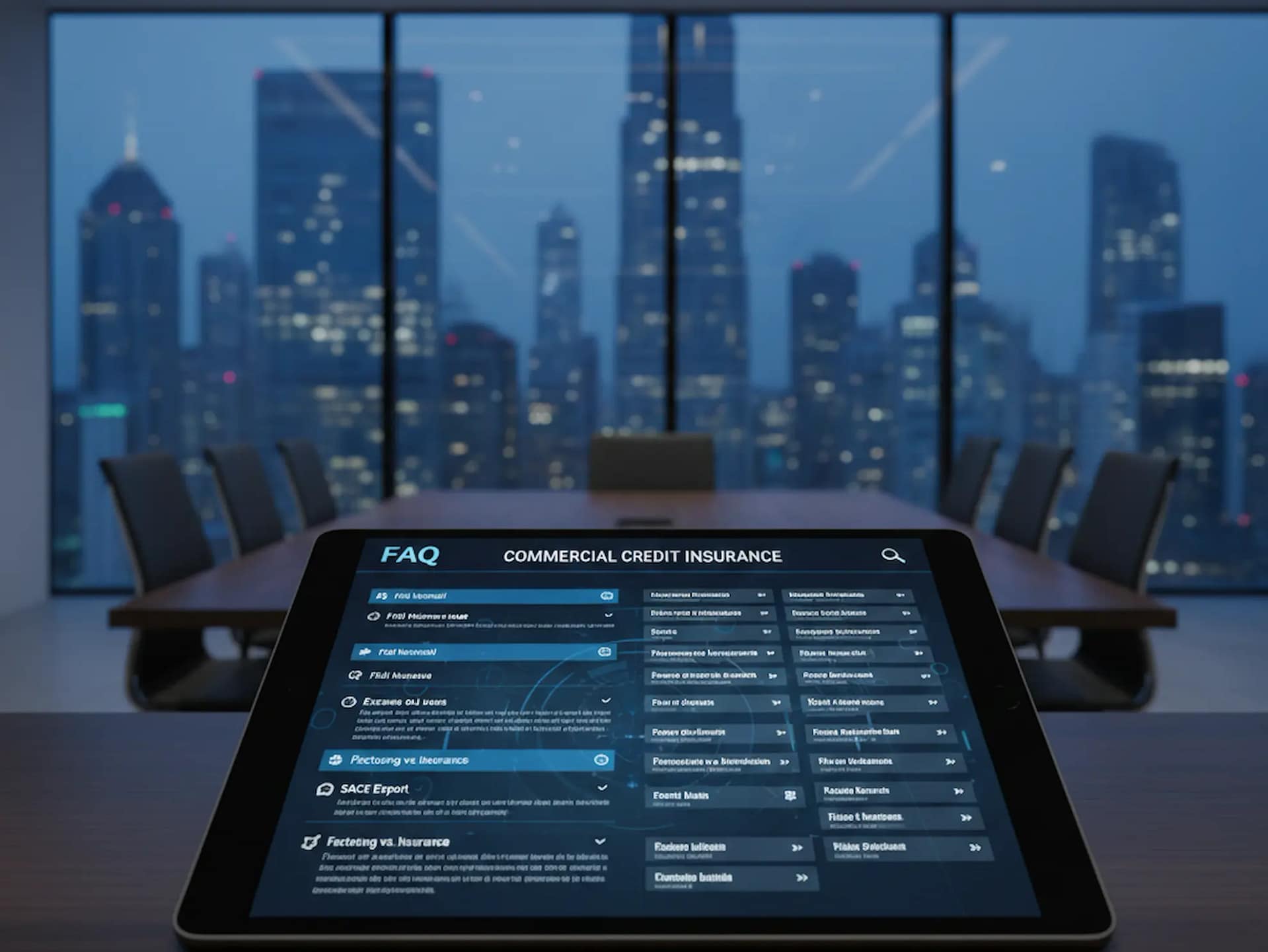 Guida FAQ completa sulla polizza credito commerciale su tablet in ufficio moderno.