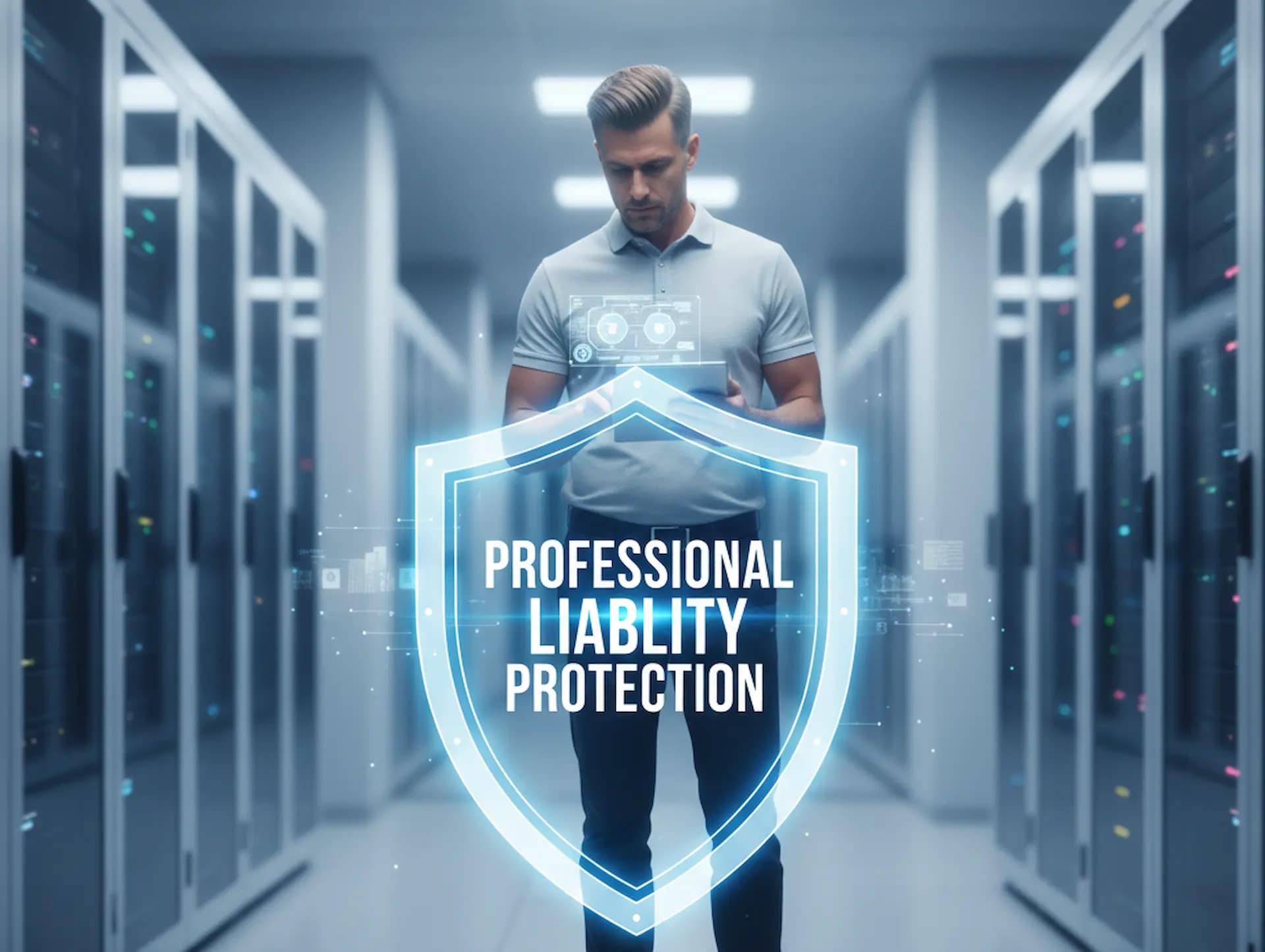 Assicurazione Cyber - Consulente IT in data center con scudo digitale di protezione responsabilità civile professionale
