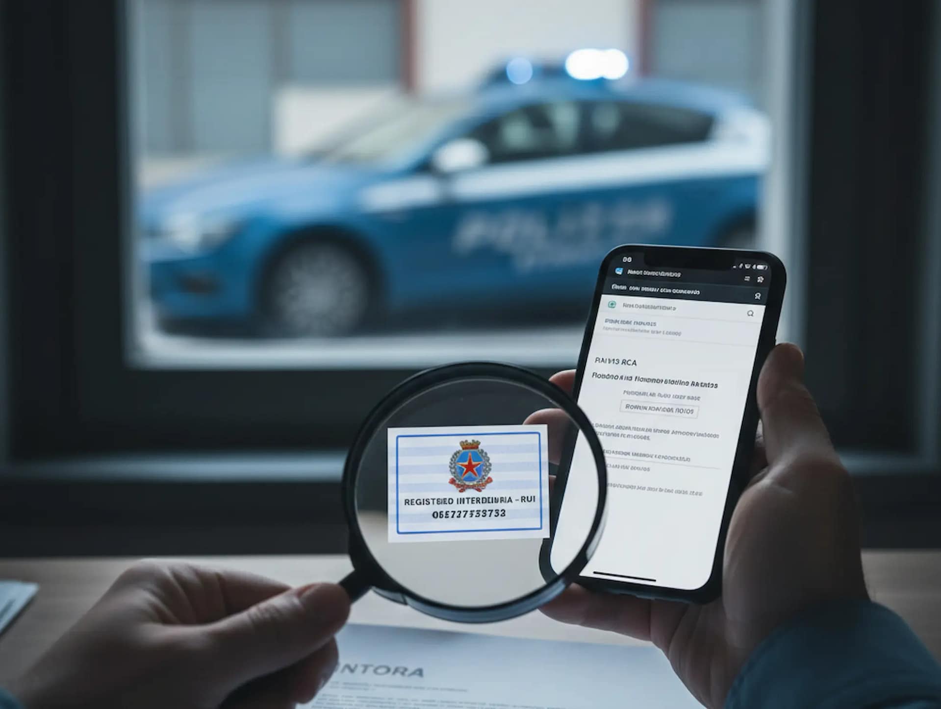 Truffe assicurative online: persona verifica polizza falsa con auto della polizia sullo sfondo