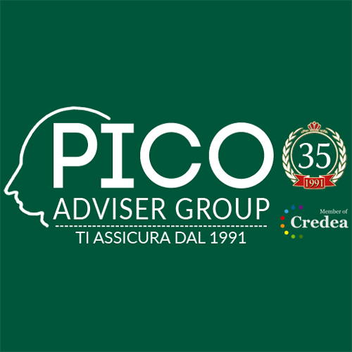 logo Pico Adviser Group 35 anni ti assicura dal 1991 bianco fondo verde
