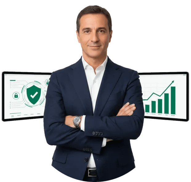 imprenditore con dashboard di crescita aziendale e monitor di protezione crediti commerciali