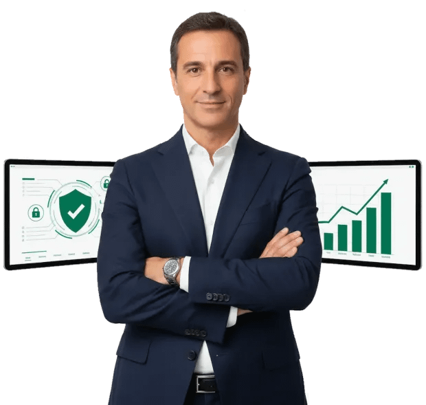 imprenditore con dashboard di crescita aziendale e monitor di protezione crediti commerciali