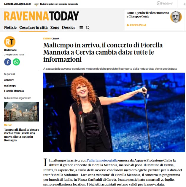 Assicurazione cancellazione eventi: screenshot allerta meteo concerto annullato per maltempo