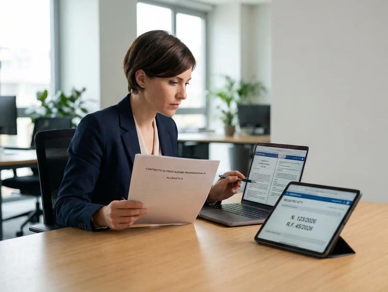 Avvocato che verifica un atto processuale generato con intelligenza artificiale su schermo di computer in studio legale italiano