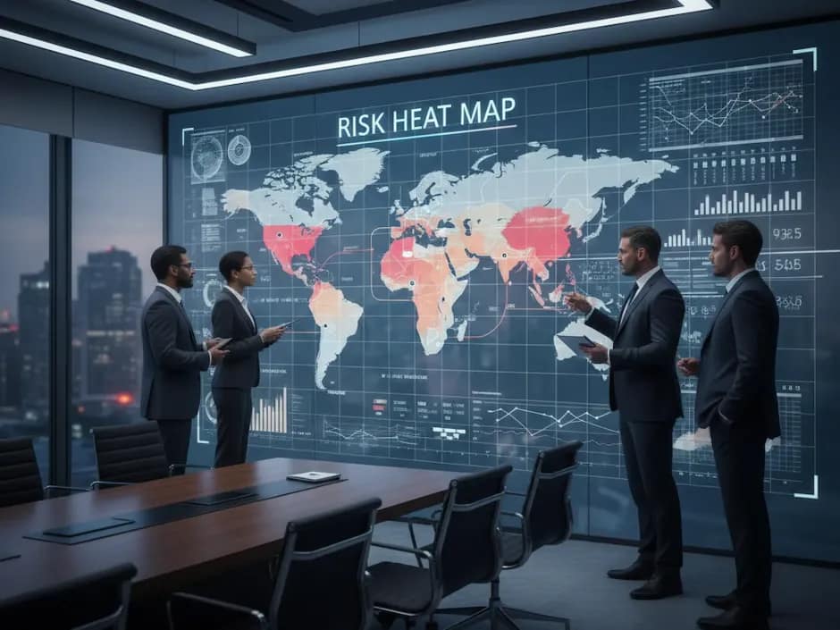 Team di consulenti Risk Manager analizza una mappa dei rischi aziendali in una sala riunioni moderna.