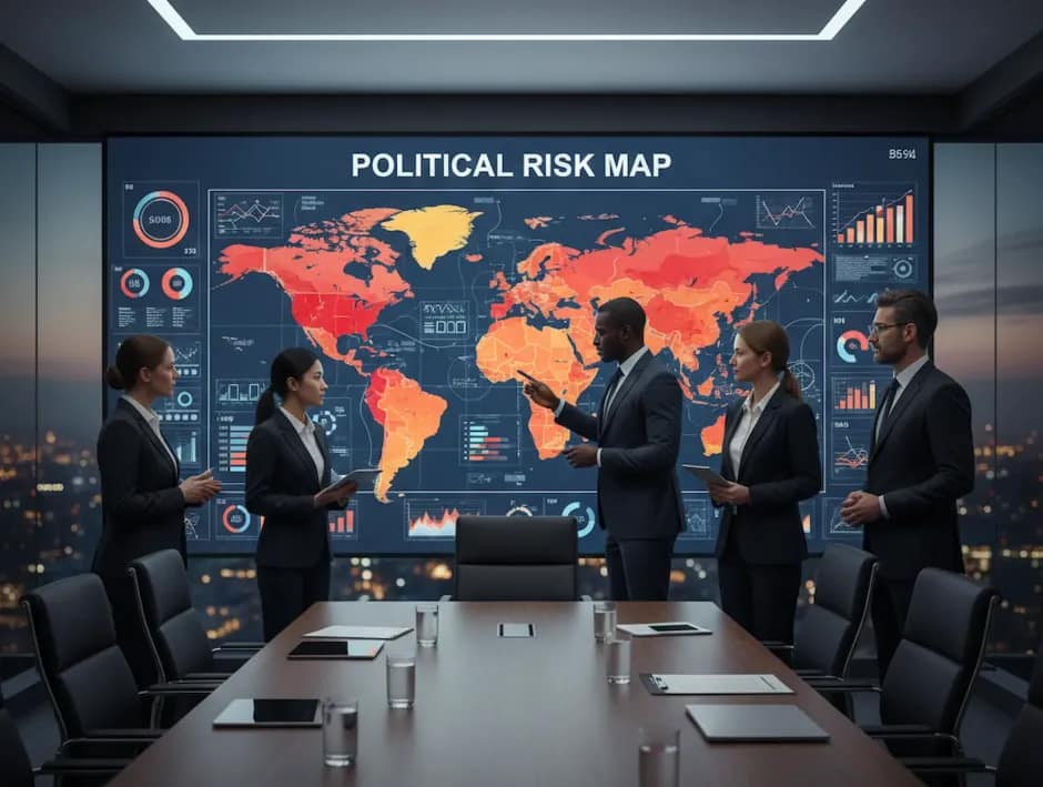Team di consulenti Risk Manager analizza una mappa dei rischi politici in una sala riunioni moderna.
