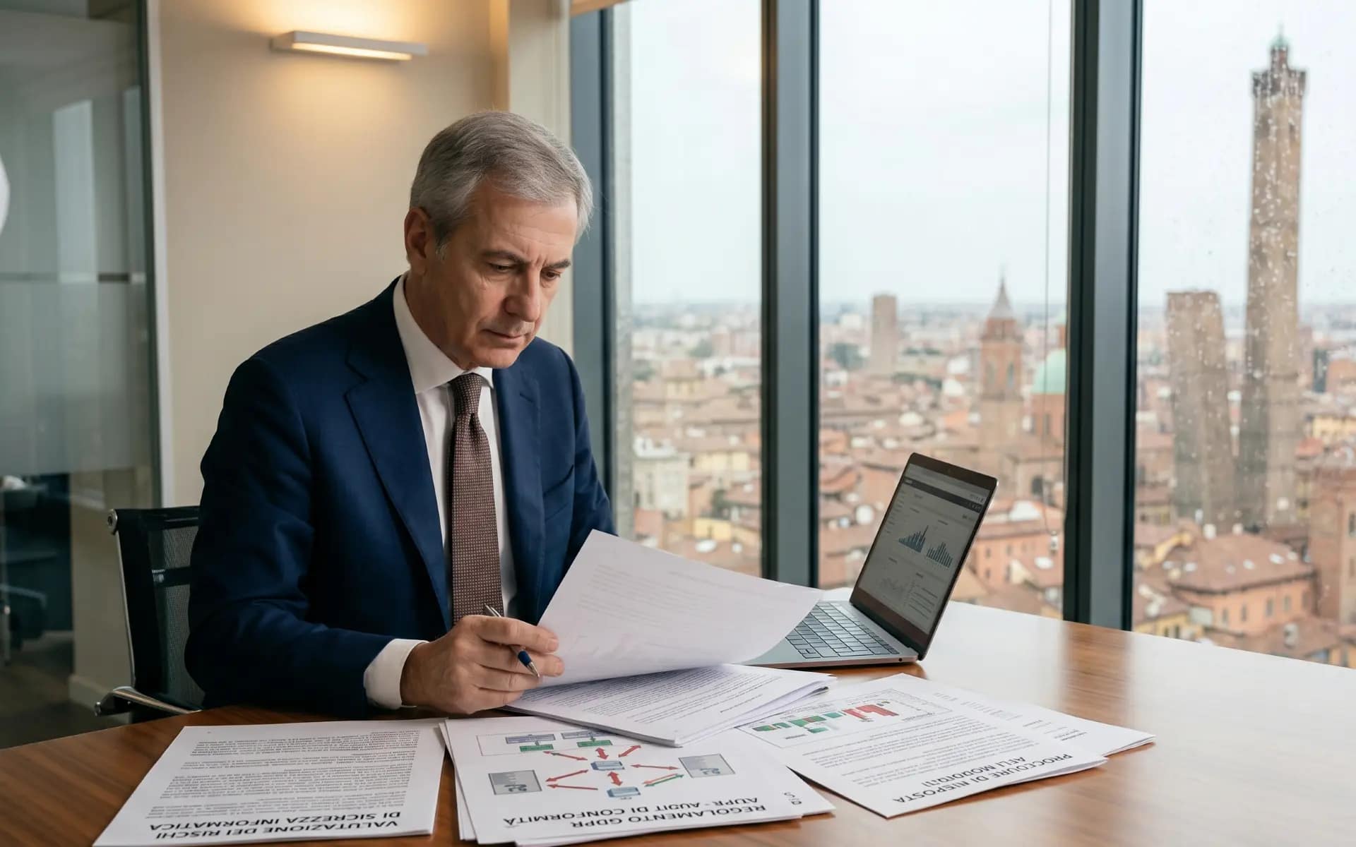 NIS 2 responsabilità penale: manager IT esamina documenti di cybersecurity in sala consiglio